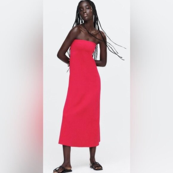 NWT ZARA Strapless Fuchsia Knit Midi Tube Dress Straight Neck 6873/013 Small - Picture 4 of 12